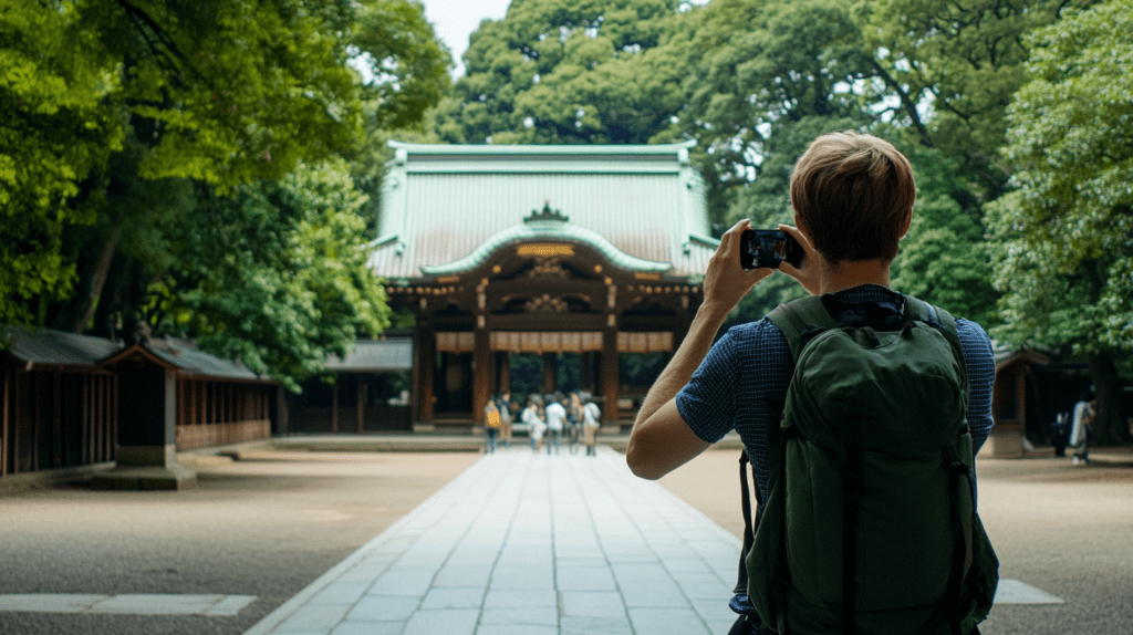 A Caucasian tourist captures a photo at Meiji Shrine in Tokyo, framed by lush greenery and traditional Japanese architecture.