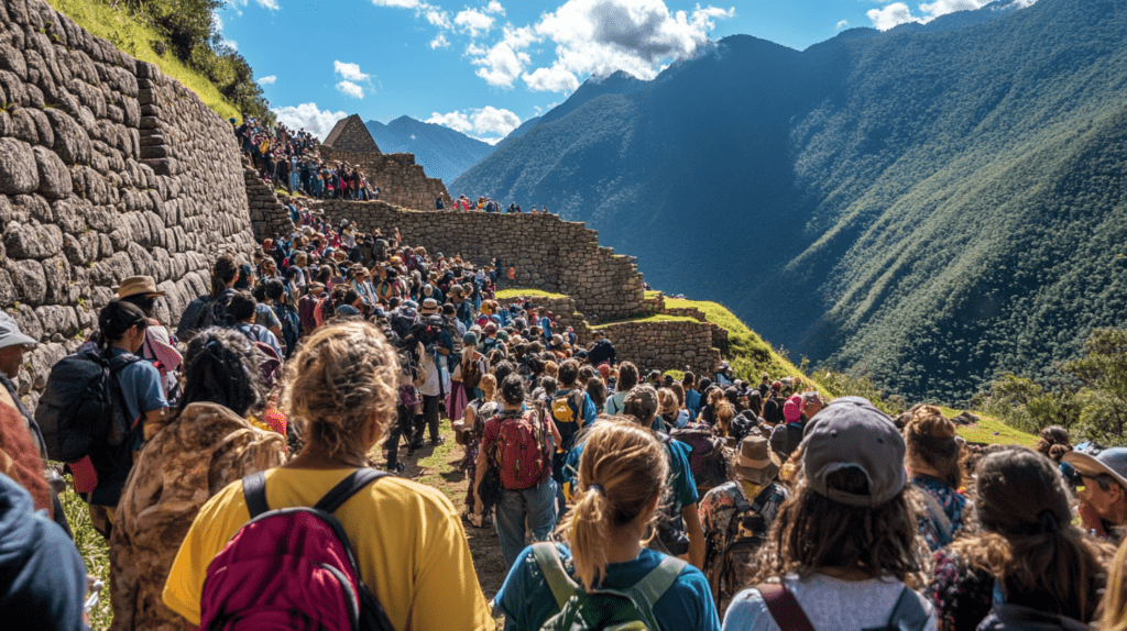 A bustling group of tourists exploring the ancient ruins of Machu Picchu, surrounded by stunning mountain scenery.