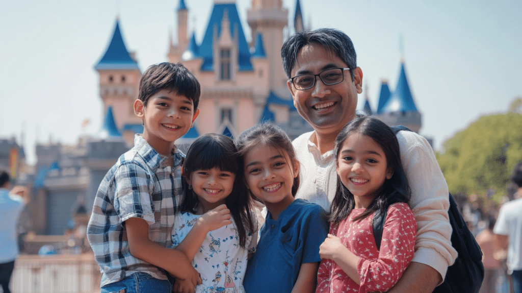 A cheerful Indian family with children poses happily in front of Tokyo Disneyland, iconic attractions in the background.