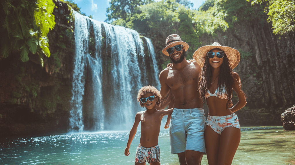 A cheerful family in sunglasses enjoys a scenic view of vibrant plants and stunning waterfalls in a picturesque setting.