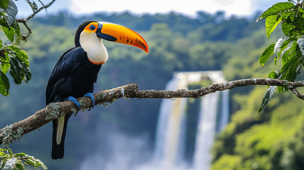 A colorful toucan sitting on a branch, framed by the majestic Iguazu Falls, photographed using a Nikon D810 telephoto lens.