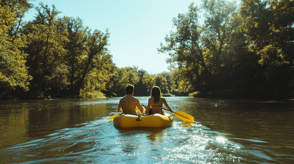 A couple enjoys a yellow paddle boat on the Limay River, surrounded by lush trees and clear blue skies.