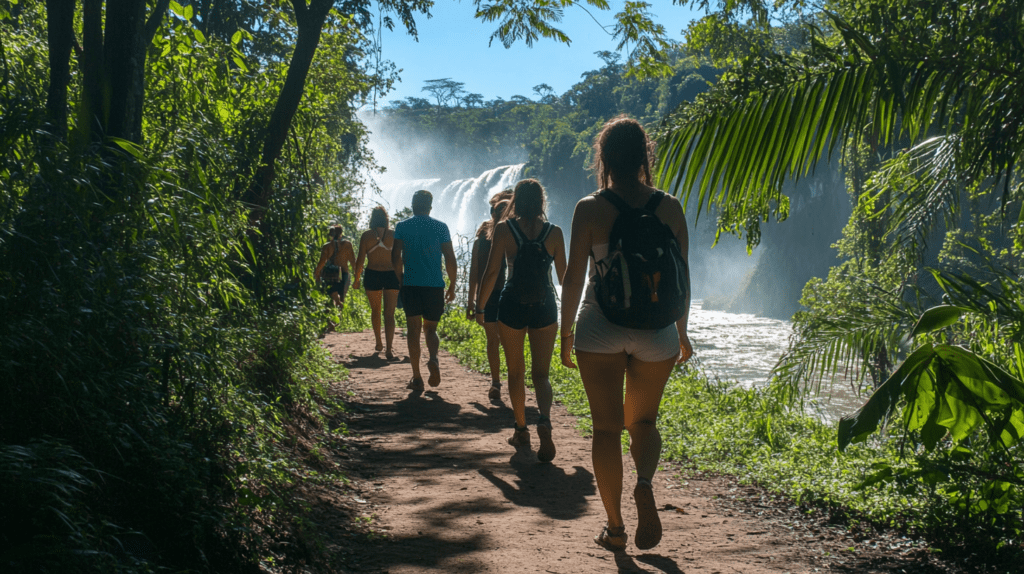 A family-friendly hiking trail at Iguazu Falls, where men, women, and children in casual attire walk amidst stunning natural beauty.