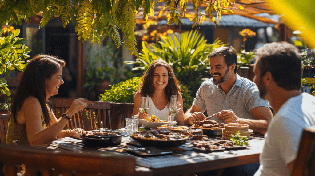 A family of tourists enjoys a sunny outdoor lunch featuring authentic Brazilian steak cuisine at a vibrant restaurant.