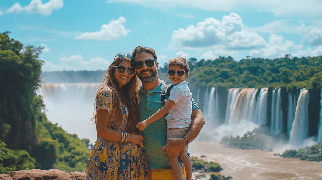 A family smiles together near the breathtaking Iguazu Falls in Brazil, capturing a moment of joy and unity.