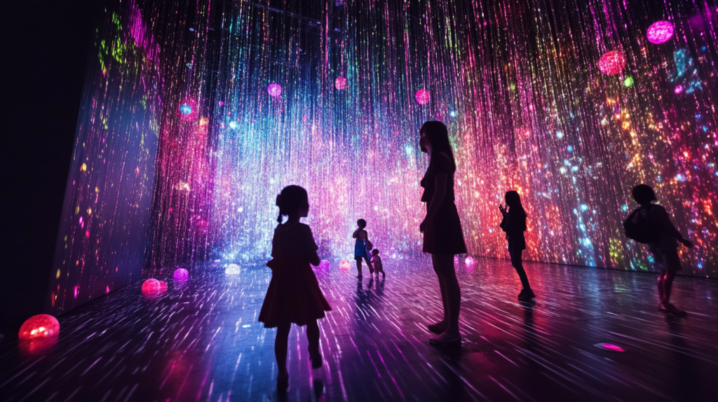 A family stands in awe at teamLab Planets in Tokyo, surrounded by vibrant digital art and immersive installations.