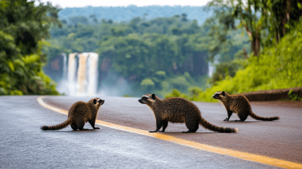 A group of Coatis on a road with the stunning Iguazu Falls in the background, showcasing nature's beauty.