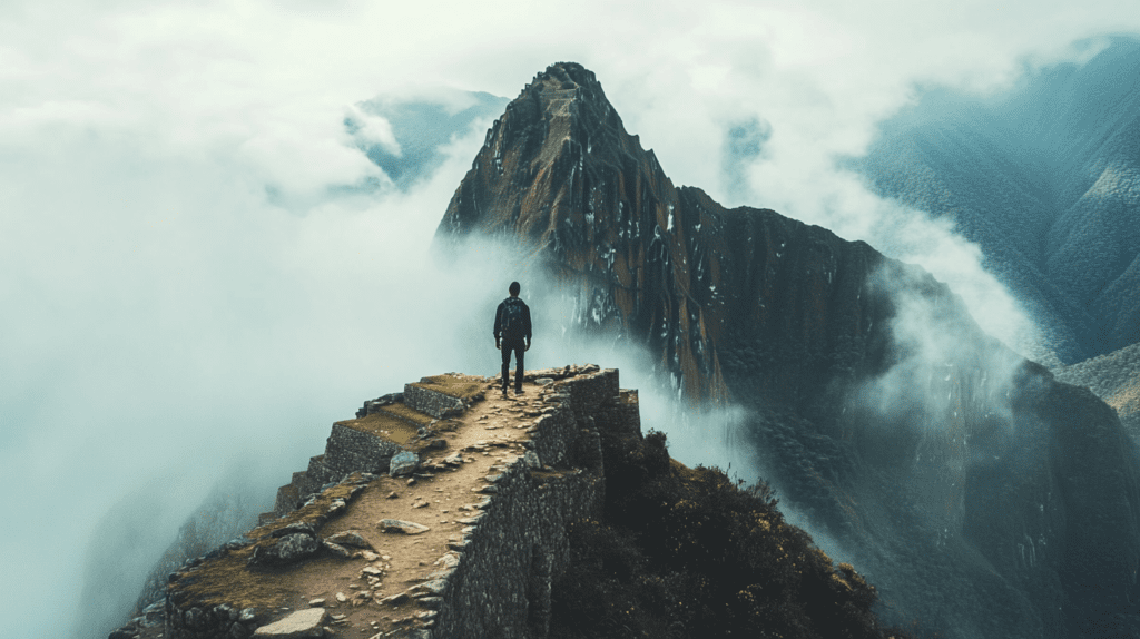 A hiker at Machu Picchu, surrounded by stunning landscapes, holds coca leaves to combat altitude effects during the trek