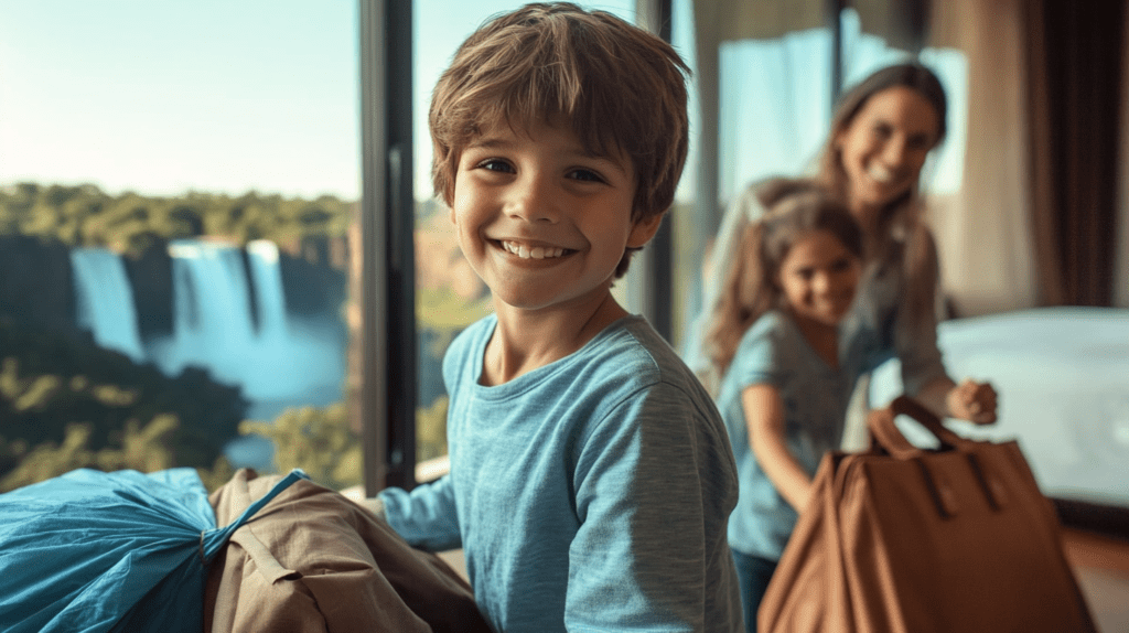 A joyful family packs for a trip in a hotel room, with kids assisting parents and the stunning Iguazu Falls visible outside.