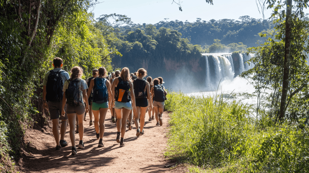 A scenic walking trail at Iguazu Falls, featuring men, women, and children in shorts and shirts enjoying the hike together.