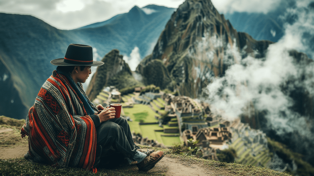 A serene scene of a person enjoying hot tea with the breathtaking Machu Picchu ruins in the background.