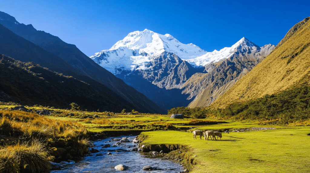 A serene view of Salkantay Mountain reflected in a tranquil lake, showcasing the beauty of nature's landscape.