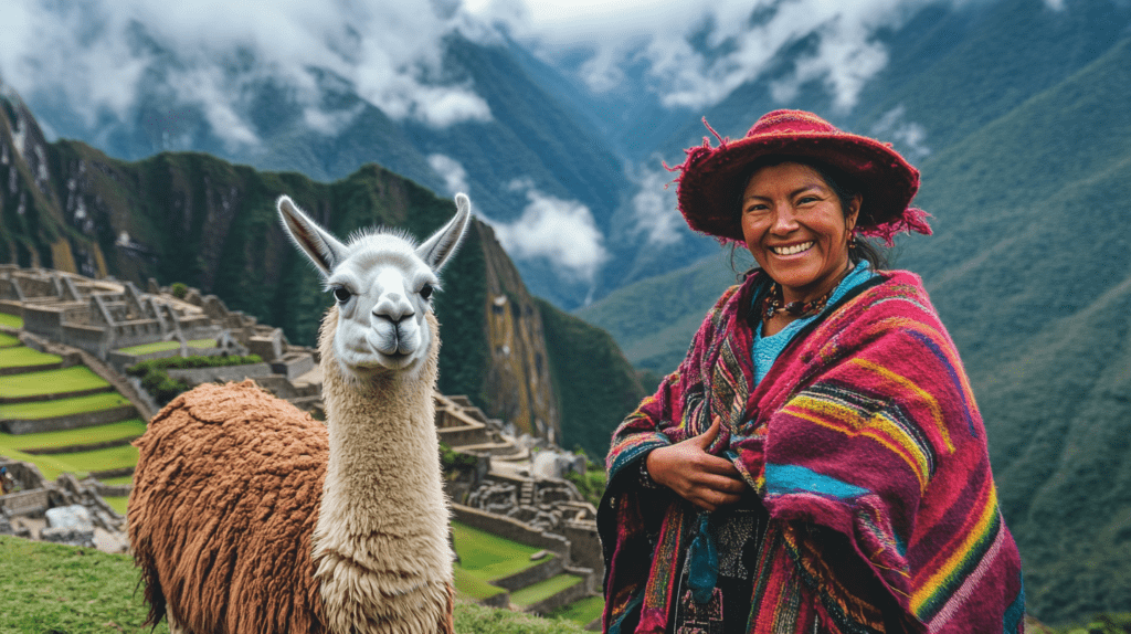 A tour guide at Machu Picchu leads a family of four, including young children, amidst the ancient ruins and stunning scenery.