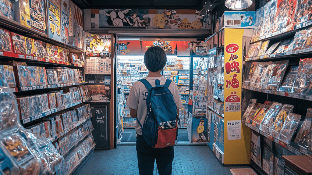 A tourist exploring Akihabara, Tokyo, surrounded by vibrant anime and gaming shops filled with colorful merchandise.