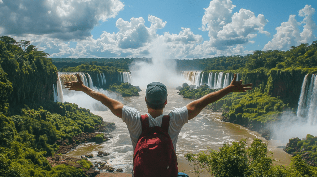 A tourist stands with arms outstretched, facing away, near the breathtaking Iguazu Falls, embracing the natural beauty.