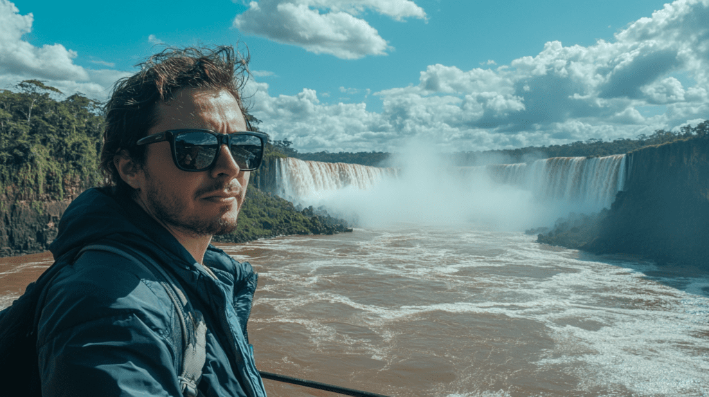 A tourist wearing sunglasses poses at the Devil's Throat Viewpoint, gazing to the side with Iguazu Falls in the background.