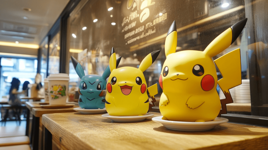 A vibrant Pokémon Café in Ikebukuro, Tokyo, featuring colorful Pokémon-themed decor and cozy seating for fans.