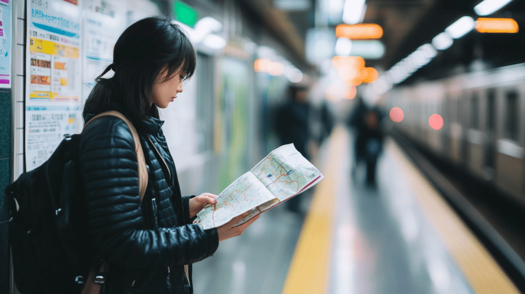 A tourist exploring the Tokyo subway, holding maps and looking for directions amidst the bustling metro station.