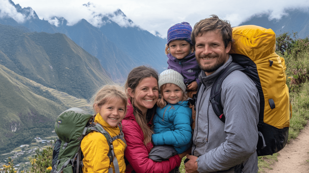 A young family equipped with hiking gear enjoys an easy hike to Machu Picchu, surrounded by lush greenery and scenic views