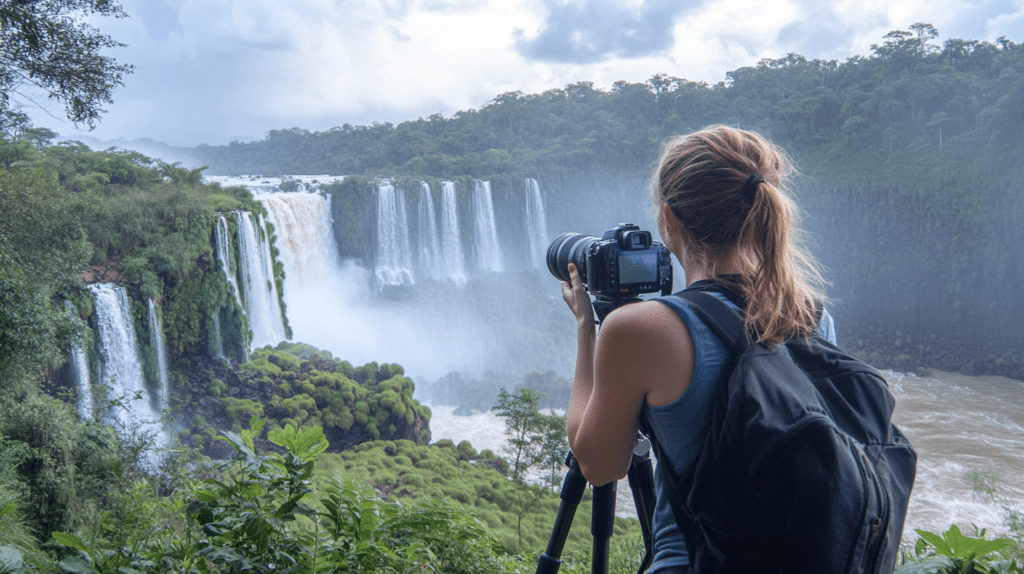 A young woman adjusts her DSLR camera on a tripod, capturing the stunning Iguazu Falls behind her.