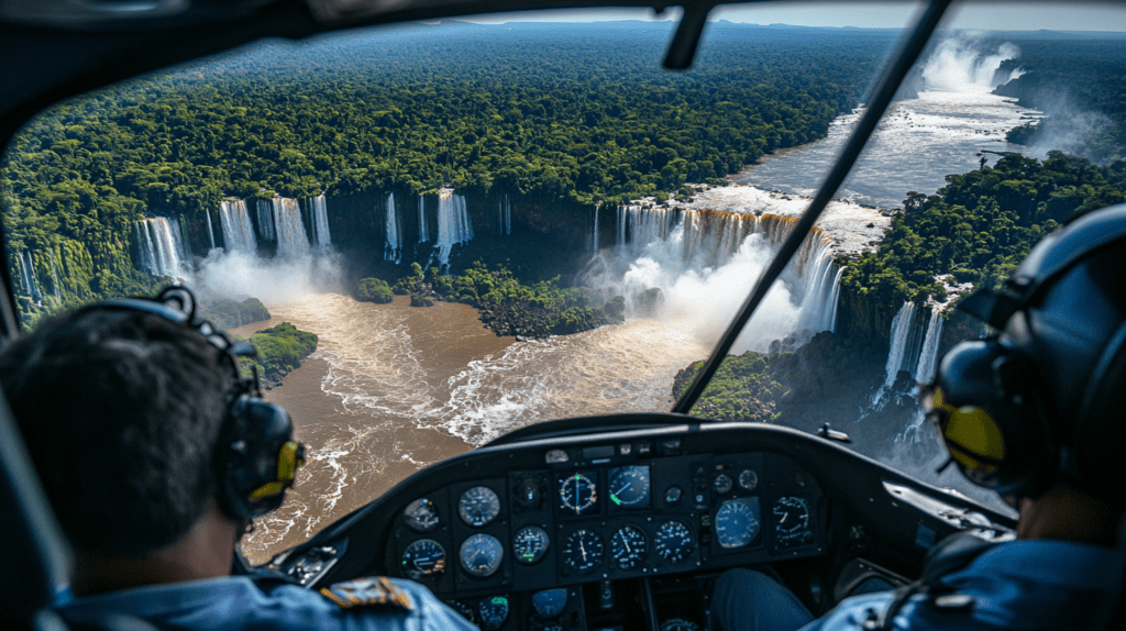 Aerial view of Iguazu Falls from a helicopter, showcasing the pilot and passengers admiring the breathtaking scenery.