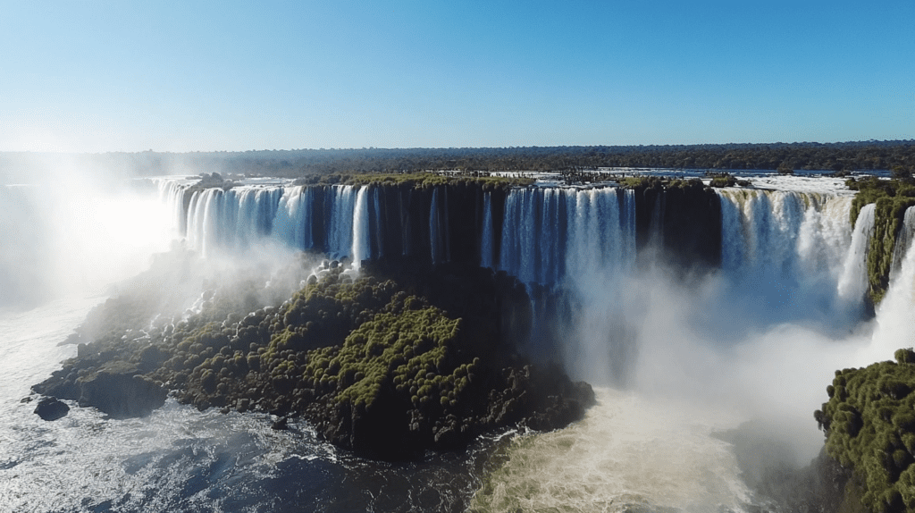 Breathtaking aerial shot of Iguazu Falls, with hikers on the trail, captured on a clear day, highlighting the falls' magnificence.