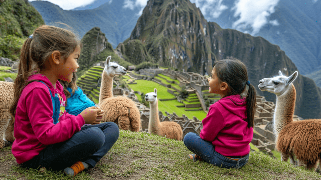 Children engage with tour guides at Machu Picchu, with llamas grazing in the background, creating a lively atmosphere.