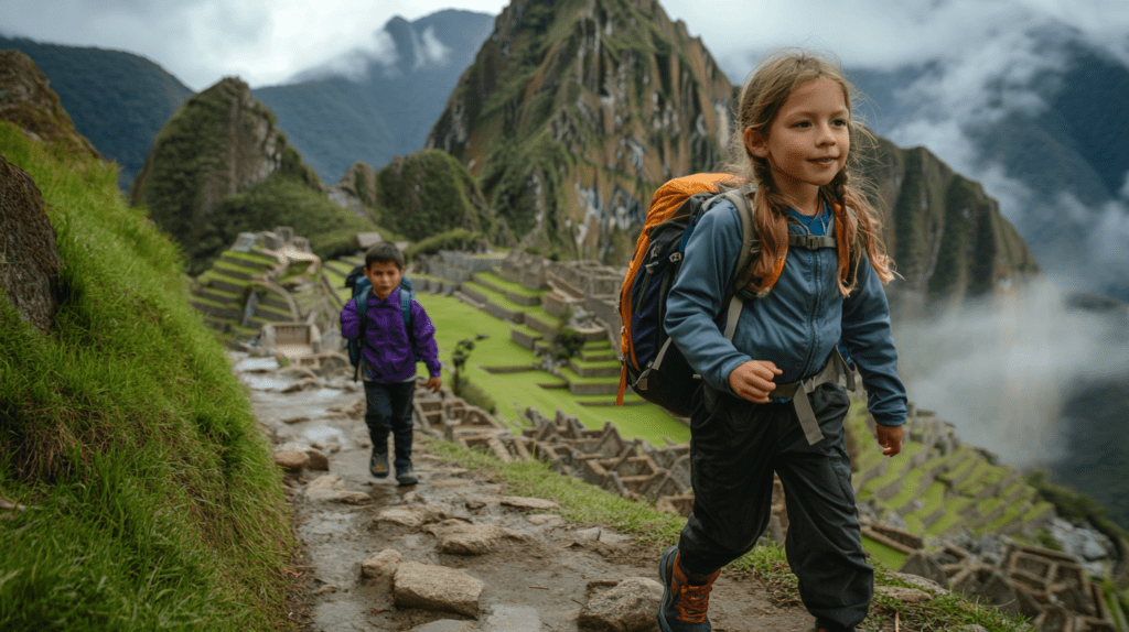 Children hiking through the ancient ruins of Machu Picchu, surrounded by lush greenery and breathtaking mountain views.