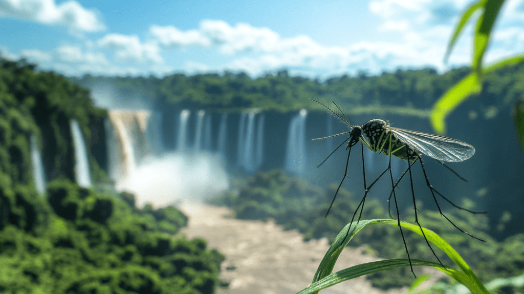 Close-up view of a mosquito with the breathtaking Iguazu Falls behind, illustrating the delicate balance of ecosystems.