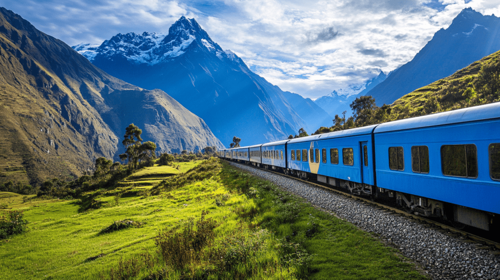 Inca Rail train en route from Cusco to Machu Picchu, offering stunning vistas of the mountainous terrain and natural beauty.