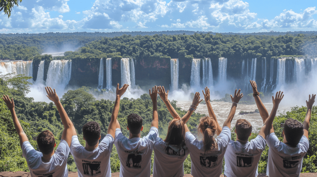 Group of tourists in matching tees at Iguazu Falls, Brazilian side, with the stunning waterfalls in the background.