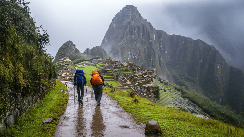 Hikers in rain gear stranded on a trail during a rainy hike to Machu Picchu, surrounded by misty mountains.