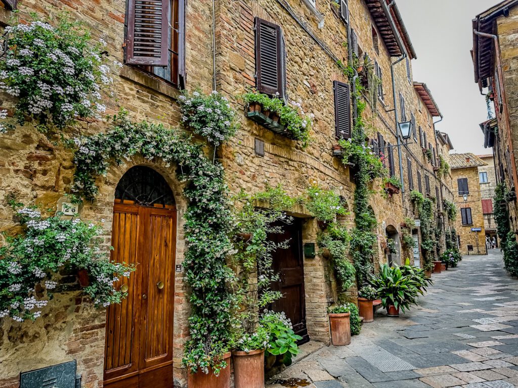 Colorful medieval old town and streets of Pienza Tuscany Italy