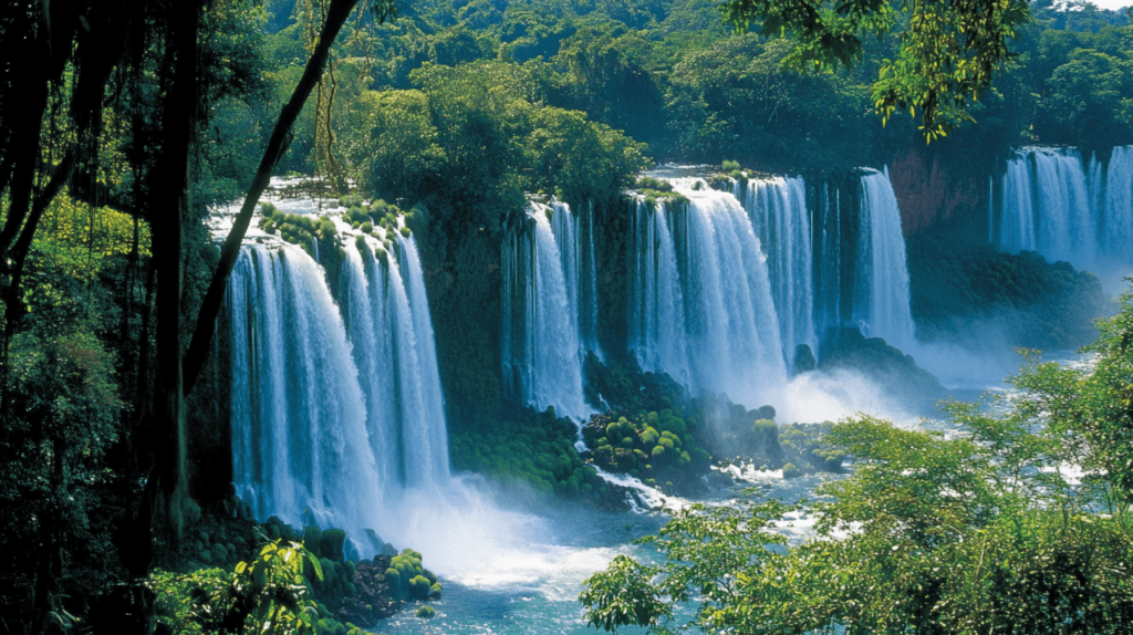 Scenic overlook of Iguazu Falls, featuring dramatic waterfalls surrounded by vibrant foliage, a must-visit in Argentina