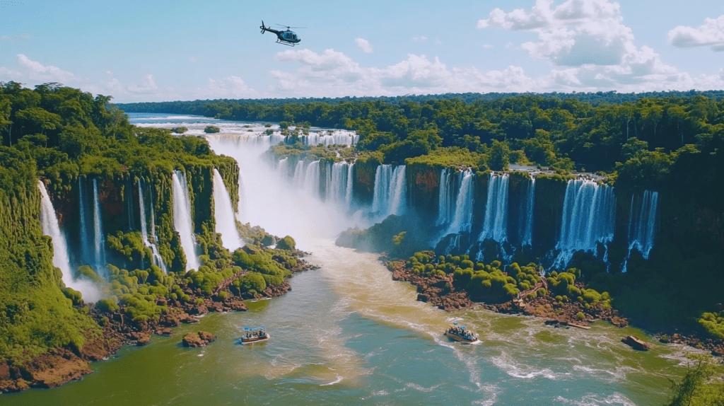 Stunning Iguazu Falls with a helicopter above, tour boats navigating the waters, and hikers exploring the trails.