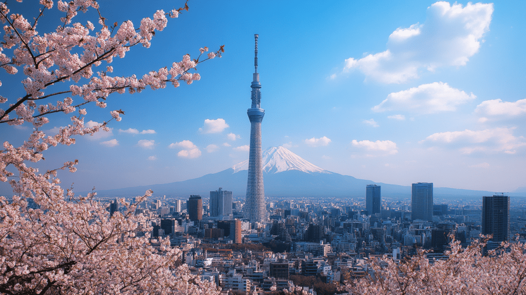 Tokyo Skytree towers over a scenic view of Mount Fuji, with vibrant cherry blossoms in the foreground.