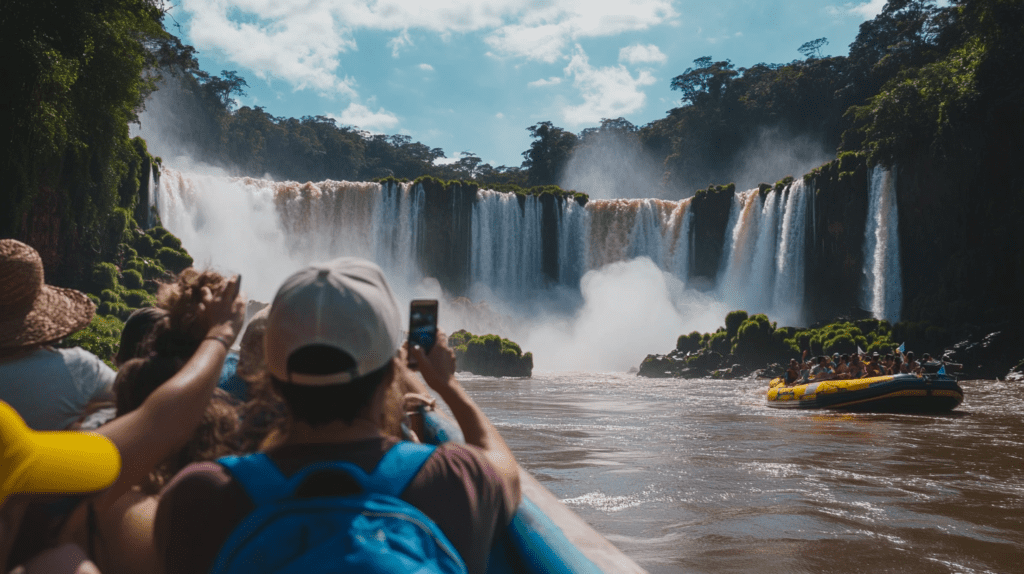 Tourists on a boat ride at Iguazu Falls, capturing photos with their phones, showcasing the stunning close-up of the falls.