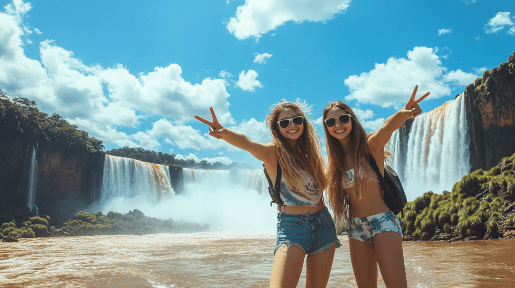 Two young women in summer shorts pose with V signs in front of Iguazu Falls, wearing sunglasses under clear blue skies.